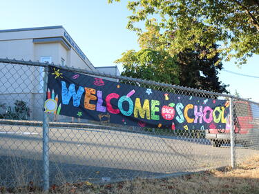 banner in front of school building